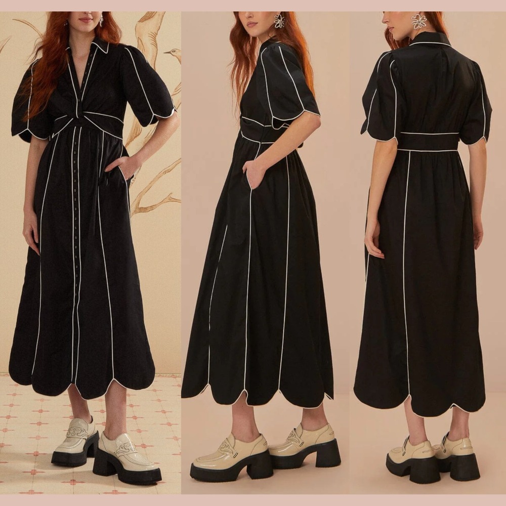 NEW Farm Rio [‎ Small ] Black And White Scallop Short Sleeve Midi Dress #Q1165